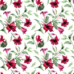 Fotobehang Seamless summer pattern with red blooming flowers and buds on branches with green leaves. Hand drawn watercolor painting on white background for textile, packaging, wallpaper, fabric, scrapbooking. © Pavla aquarelle