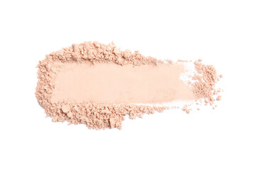 Swatch of crushed face powder on white background, top view