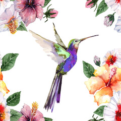 Seamless pattern with tropical hummingbird and exotic hibiscus flowers. Small bird and bright flowers. Hand-drawn watercolor on a white background for print, fabric, wallpaper, textile, packaging.