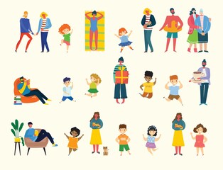 Set of people, men, children, and women with different signs. Vector graphic objects for collages and illustrations.