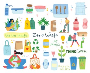 Hand drawn elements of zero waste life in vector. Eco style. No plastic. Go green