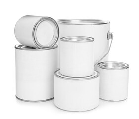 Closed blank cans of paint on white background
