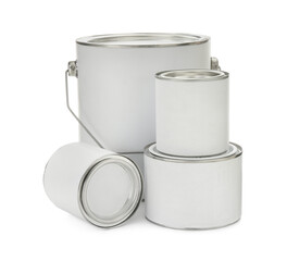 Closed blank cans of paint isolated on white