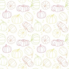 Beautiful pumpkin halloween thanksgiving seamless pattern, cute cartoon pumpkins hand drawn background, great for seasonal textile prints, holiday banners, backdrops or wallpapers 