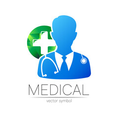 Doctor with big green cross in round vector logotype in blue color. Silhouette medical man with cross. Logo for clinic, hospital, health, medicine and business. Template for web, identity modern style