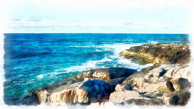 View of the sea from the rocks. Watercolor painting seascape.. Painting watercolor. Hand drawing watercolor art on canvas. Artistic  print. Original modern painting.  Beautiful nordic landscape.