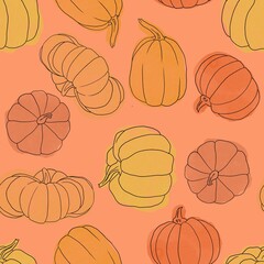 Beautiful pumpkin halloween thanksgiving seamless pattern, cute cartoon pumpkins hand drawn background, great for seasonal textile prints, holiday banners, backdrops or wallpapers 