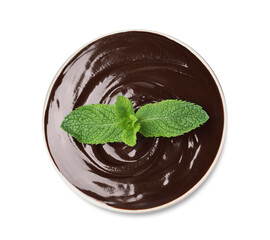 Delicious chocolate cream with mint in bowl on white background, top view