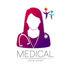 Female family doctor vector logotype. Medicine identity and concept. Logo for clinic, medical, pharmacy, online chat, business, health care. Silhouette in violet gradient color isolated on white. - 444996276