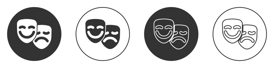 Black Comedy and tragedy theatrical masks icon isolated on white background. Circle button. Vector