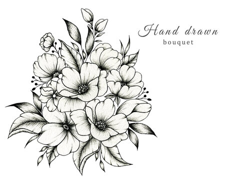Hand drawn floral bouquet with various big and small flowers and leaves isolated on white background, ink drawing monochrome elegant flower composition in vintage style