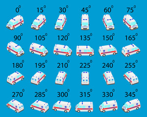 A set of 24 ambulance from different angles. Animation of the rotation of ambulance by 15 degrees.  © moneymover