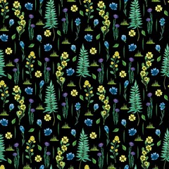 Watercolor seamless pattern with fern and flowers