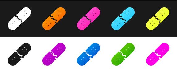 Set Broken skateboard deck icon isolated on black and white background. Extreme sport. Sport equipment. Vector