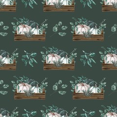 Seamless watercolor pattern with green, white end rose pumpkins and autumn leaves. Design for wrapping paper decoration, background