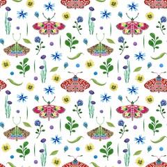Watercolor seamless pattern with butterflies and forest flowers