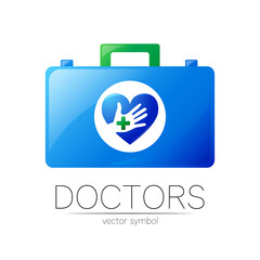 First Aid Logo Vector Medicine Symbol with Help Bag Case and Heart for Health Care Icon for Hospital