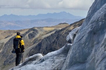 Mountaineer on the snowy Colque Punku in Cusco, Peru