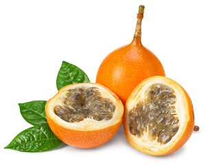 Granadilla or yellow passion fruit with green leaves isolated on white background. exotic fruit. clipping path