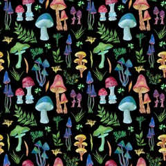 Multicolored mushrooms, watercolor seamless pattern