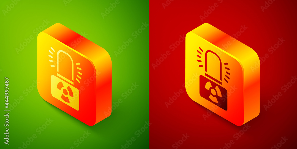 Poster isometric radioactive warning lamp icon isolated on green and red background. square button. vector