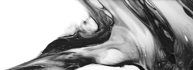 Art Abstract flow acrylic and watercolor marble blot painting. Black and white Color smoke wave horizontal long texture background.