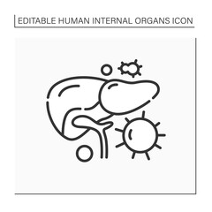 Liver line icon. Inflammatory process in the liver. Bacteria and microbes. Illness. Medical treatment. Human internal organs concept.Isolated vector illustration.Editable stroke