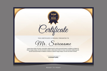 Certificate of appreciation template, gold and blue color. Clean modern certificate with gold badge.