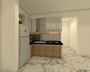 Modern and minimalist pantry design with wooden cabinet and standing refrigerator. 3d rendering, 3d illustration.
