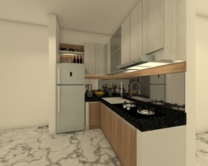 Domestic kitchen interior design with wooden counter cabinet and standing refrigerator. 3d rendering, 3d illustration. 