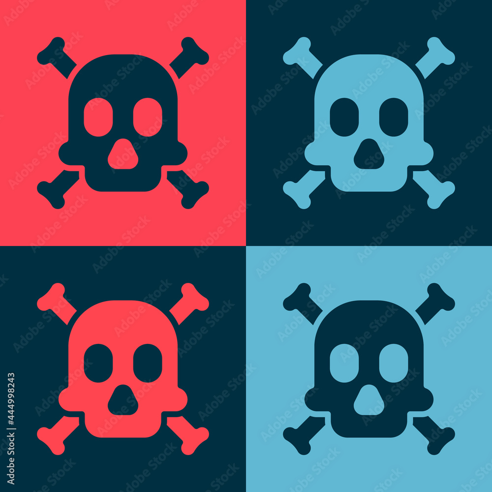 Poster pop art bones and skull as a sign of toxicity warning icon isolated on color background. vector