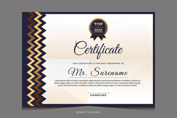 Certificate of appreciation template, gold and blue color. Clean modern certificate with gold badge.