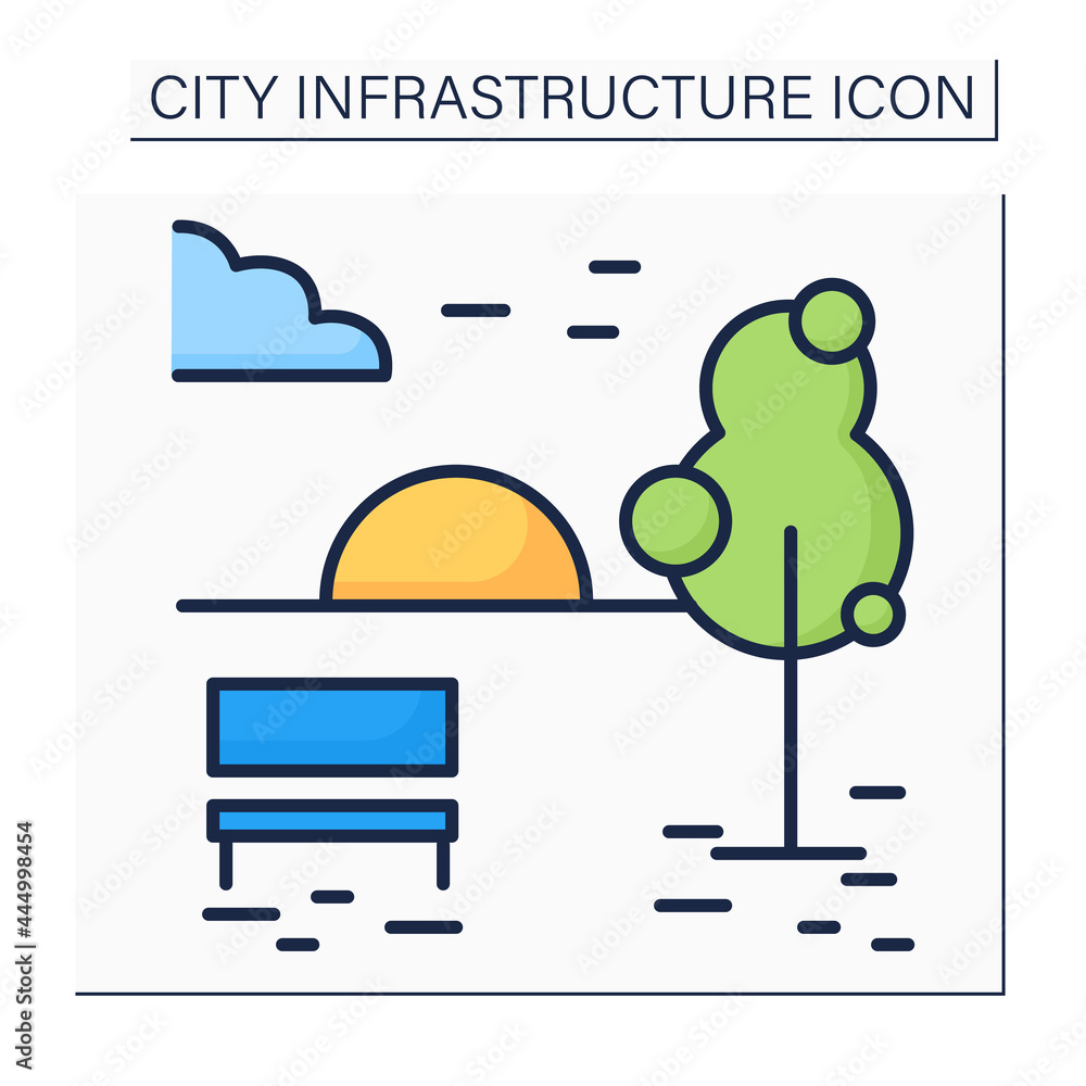Aufkleber open space color icon. public park with a bench to sit. areas open for use for recreation. outline d