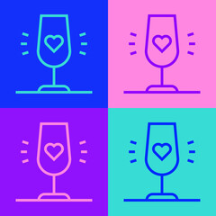 Pop art line Wine glass icon isolated on color background. Wineglass sign. Favorite wine. Vector