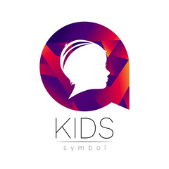 Child logotype in violet circle, vector. Silhouette profile human head. Concept logo for people, children, autism, kids, therapy, clinic, education. Template symbol, modern design isolated on white