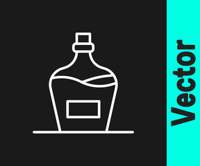 White line Old bottle of wine icon isolated on black background. Bottle of homemade wine. Vector