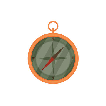 Image of a compass in a gold-plated case with a green dial.A device for finding the cardinal directions. A tourist accessory for orientation on the terrain. Vector illustration on a white background