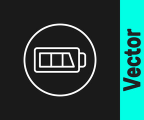 White line Battery charge level indicator icon isolated on black background. Vector