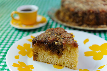 Brazilian gastronomy. Slice of homemade banana cake.