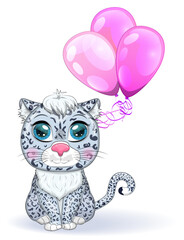 Fototapeta premium Cartoon snow leopard with expressive eyes. Wild animals, character, childish cute style.