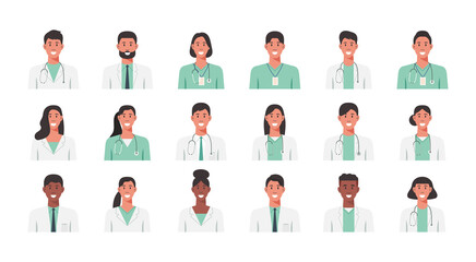 People portraits of males females doctors and nurses, men and women face avatars isolated icons set, vector flat illustration	
