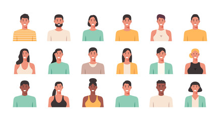 People portraits of young men and women, male and female face avatars isolated icons set, vector flat illustration