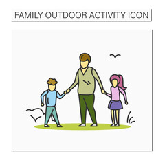  Father and kids color icon. Dad holding hands with son and daughter. Parenthood and family concept. Man with children outdoors. Isolated vector illustration