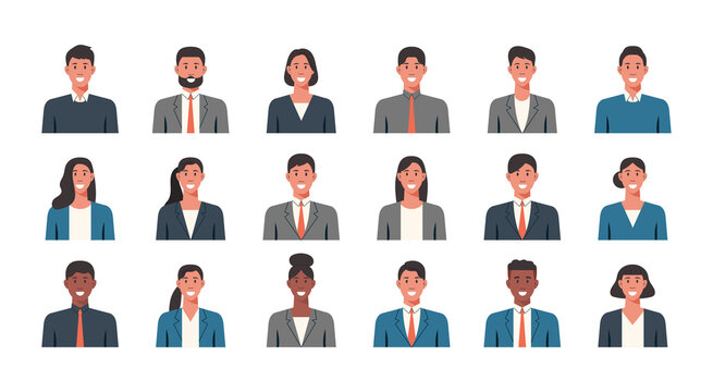 People portraits of businessmen and businesswomen, male and female face avatars isolated icons set, vector flat illustration