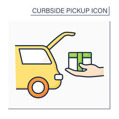 Curbside pickup color icon. Shipping parcel into car trunk. Store associate brings pickup order. Contact-free delivery concept. Isolated vector illustration