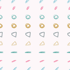Abstract geometric pattern on pink light background. Colorful hand drawn seamless pattern.