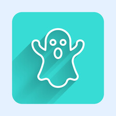 White line Ghost icon isolated with long shadow background. Happy Halloween party. Green square button. Vector