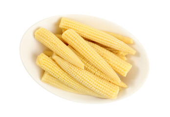 Fresh baby corn cobs on white background, above view