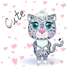 Cartoon snow leopard with expressive eyes among flowers, hearts, decorative elements. Wild animals, character, childish cute style.