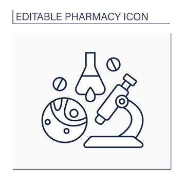 Biopharmaceutical Industry Line Icon. Biological Medical Product. Pharmaceutical Drug Product. Research And Development. Pharmacy Concept. Isolated Vector Illustration. Editable Stroke